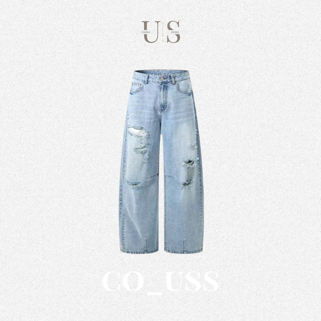 P0233 American-style light blue ripped straight-leg jeans
