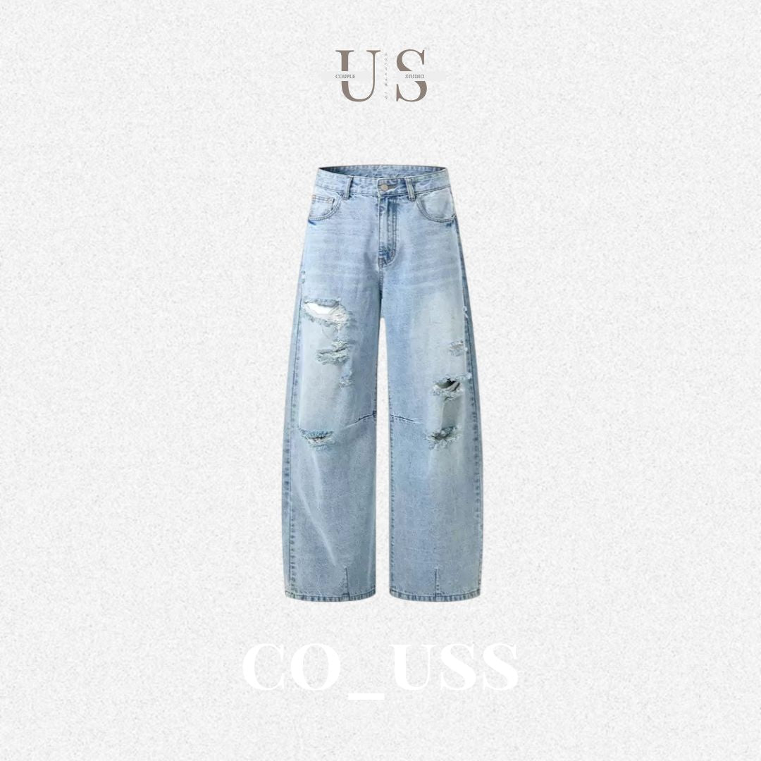 P0233 American-style light blue ripped straight-leg jeans