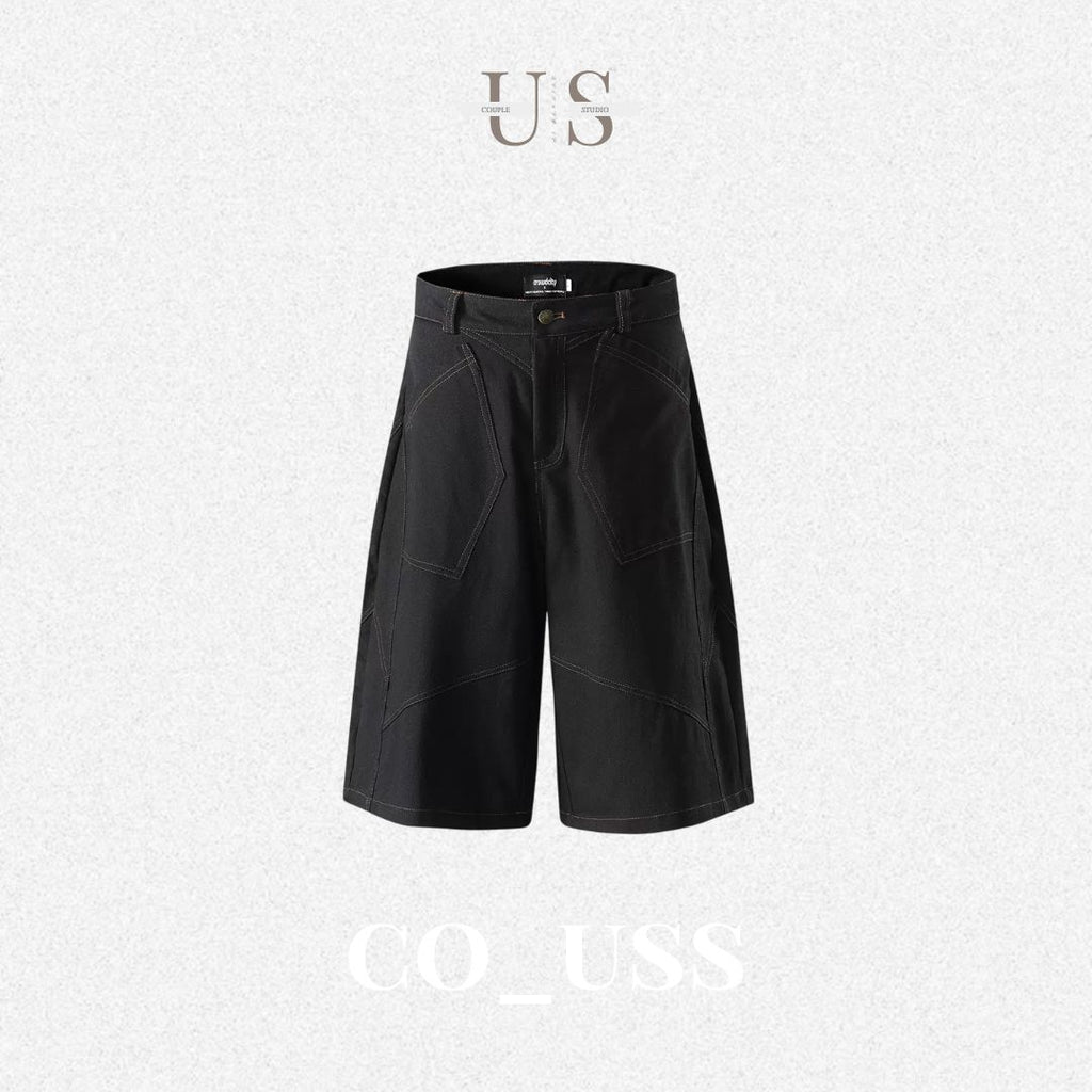 P0239 American Vintage-Style Contrast Stitching and Panel Detailing Raw Denim Cropped Pants