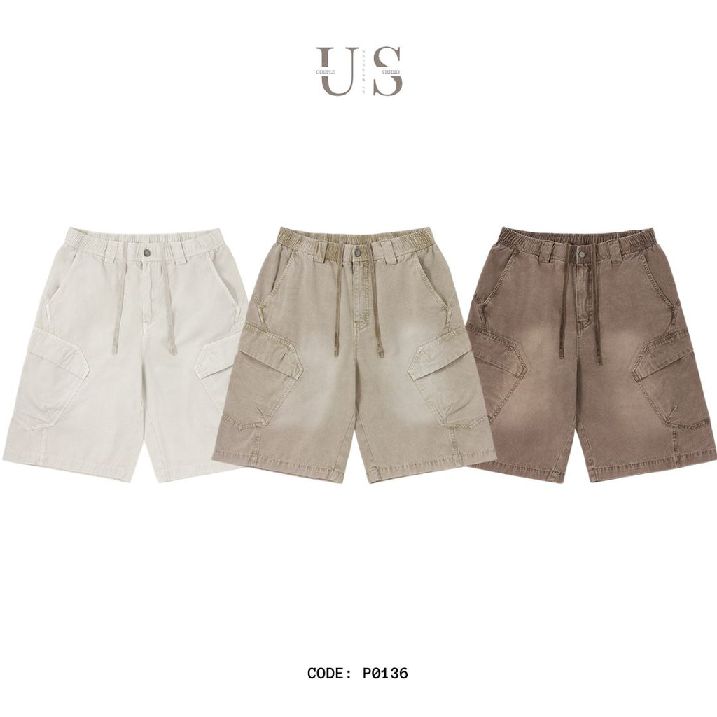 P0136 American style heavy washed overalls trendy multi-pocket loose casual shorts