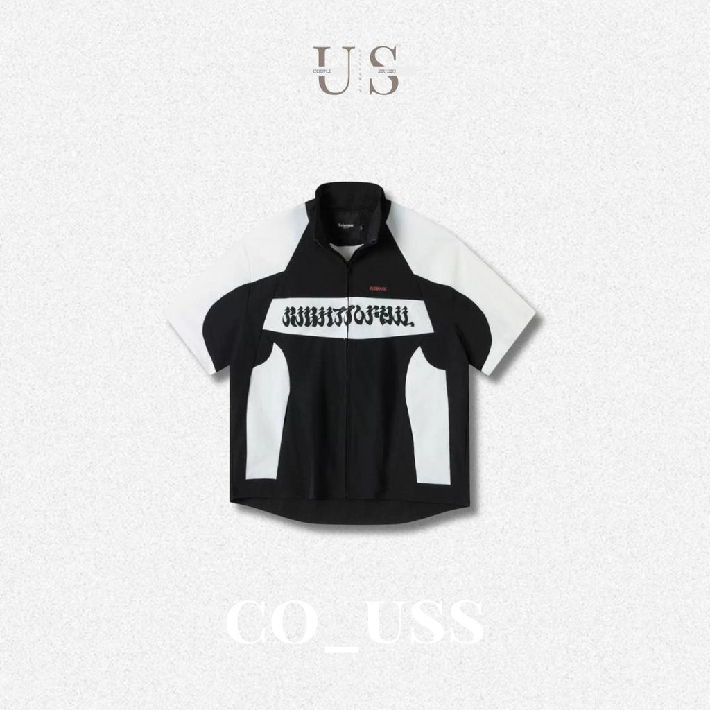 S0432 American-style trendy racing driver waterproof color-blocked nylon zip-up collar short-sleeved top