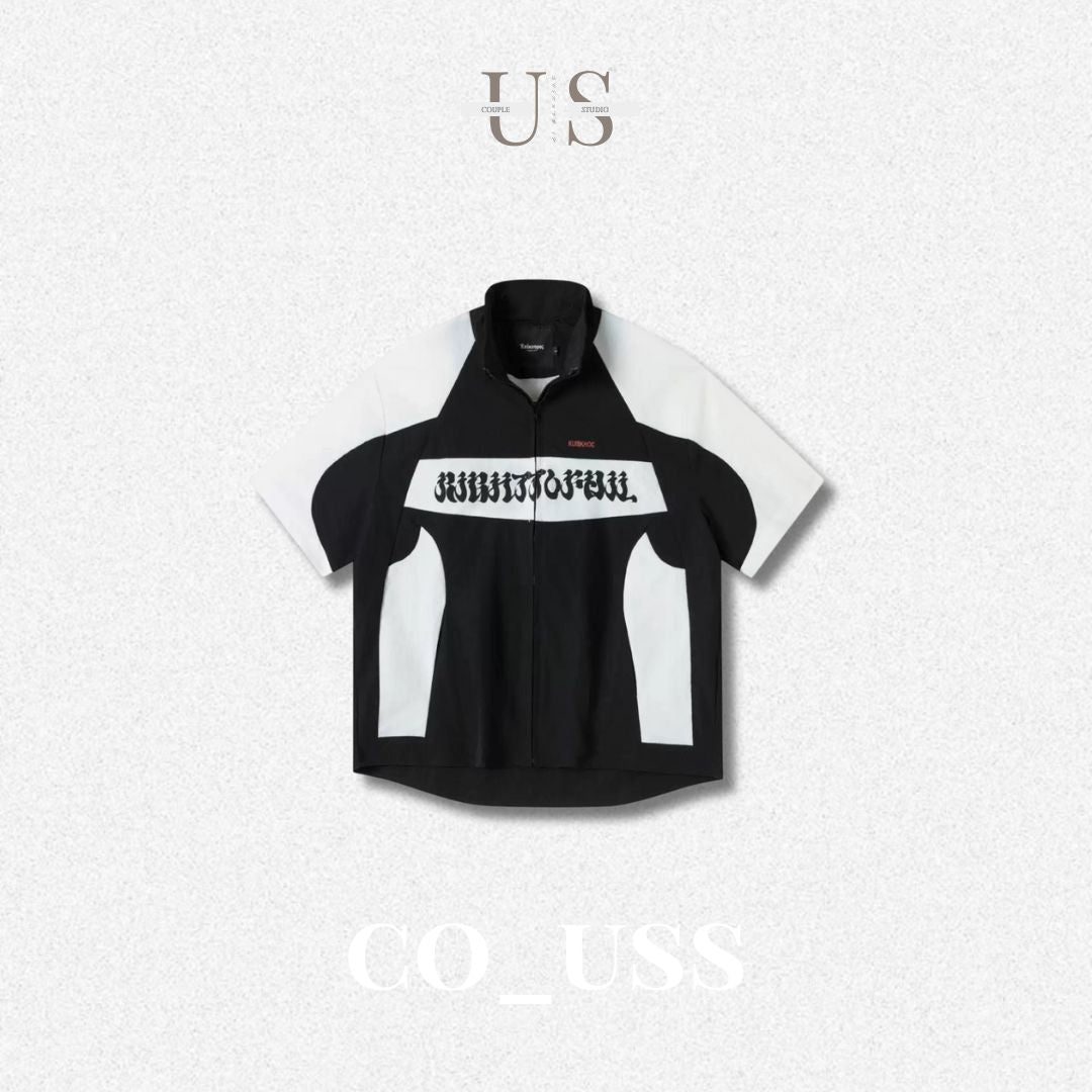 S0432 American-style trendy racing driver waterproof color-blocked nylon zip-up collar short-sleeved top