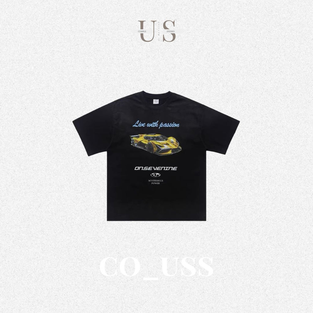 S0363 American Fashion Brand Lamborghini Racing Print Heavy-Duty Distressed Washed T-Shirt