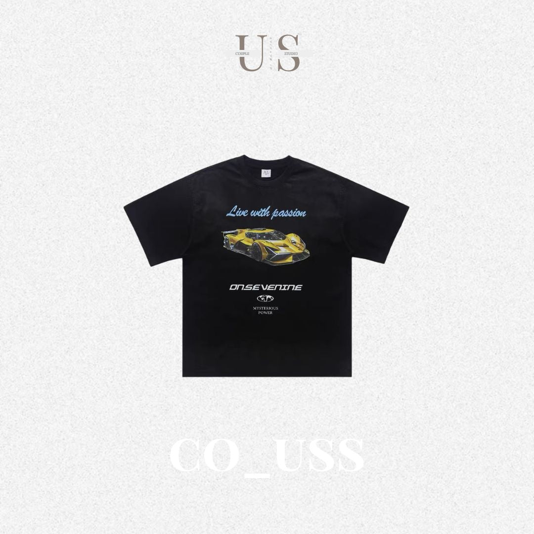 S0363 American Fashion Brand Lamborghini Racing Print Heavy-Duty Distressed Washed T-Shirt