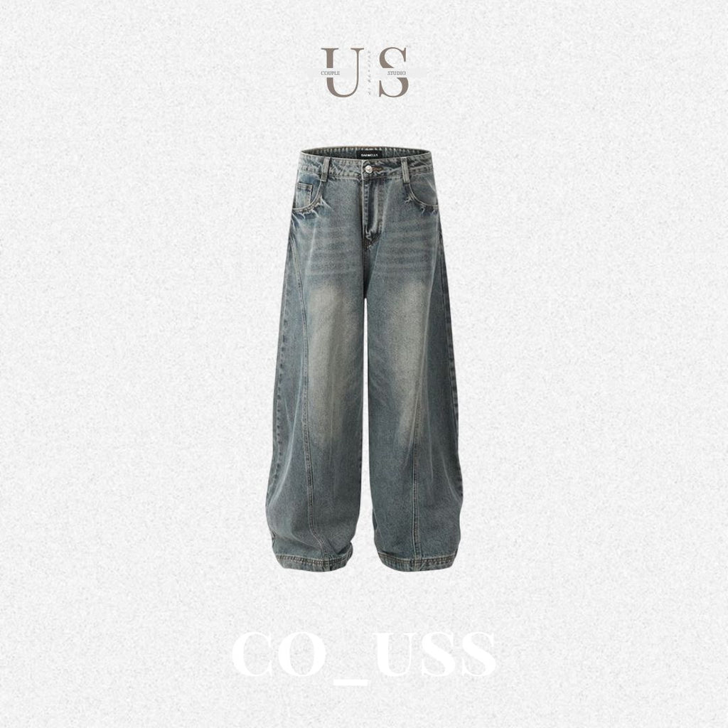 P0176 American retro washed distressed street style cool niche design scimitar loose wide-leg jean