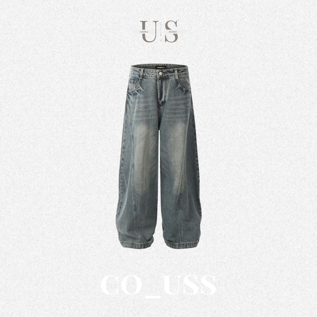 P0176 American retro washed distressed street style cool niche design scimitar loose wide-leg jean