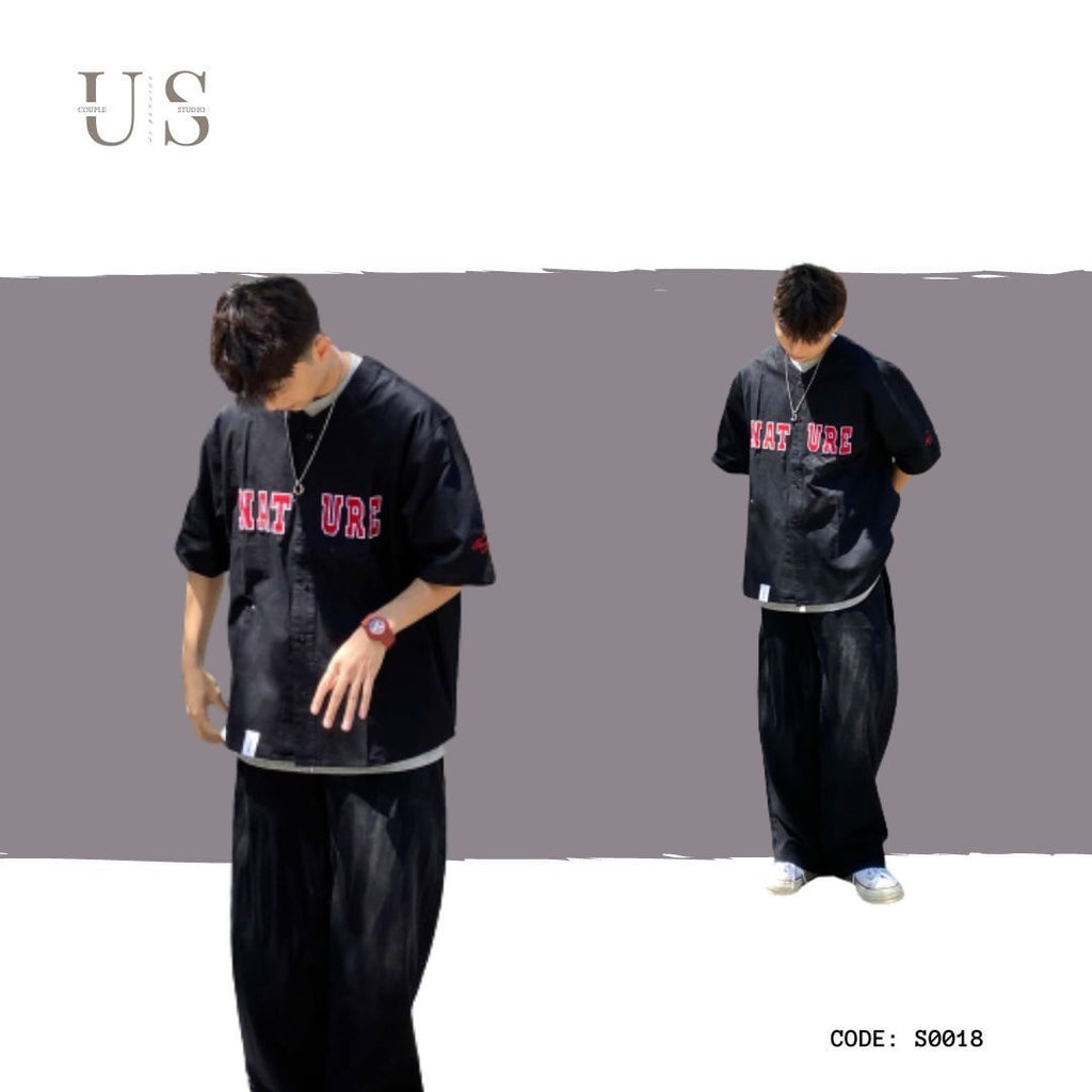 S0018 Oversize Casual Label Embroidery Loose Short Baseball Shirt