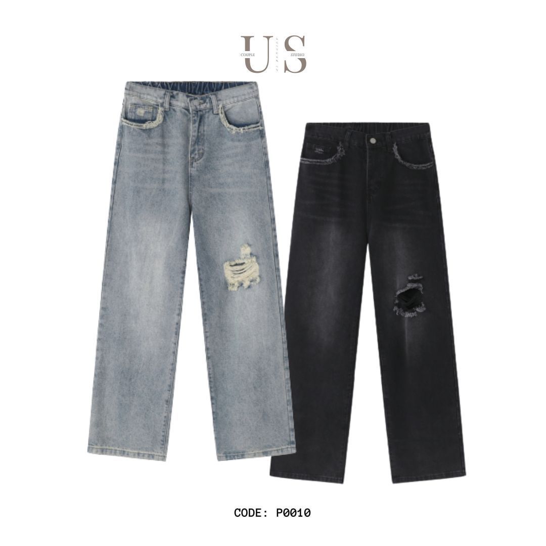P0010 Straight American Trend Destroyed Denim Trousers