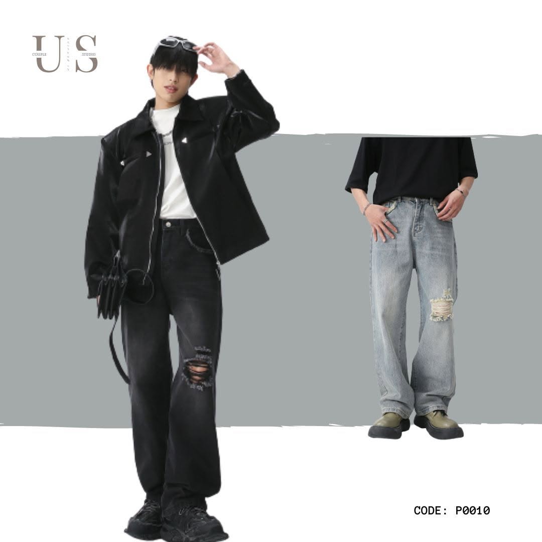 P0010 Straight American Trend Destroyed Denim Trousers