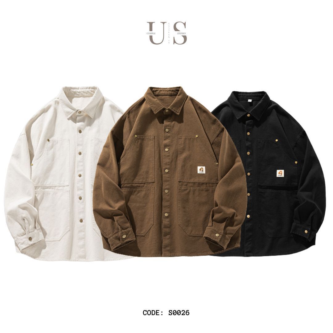 S0026 American Style Loose Cargo Long Sleeve Shirt Available: Brown Black White