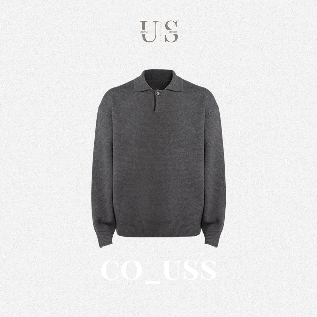 S0338 CSMY Trendy Solid Color Casual High Density Thick Loose Old Money Style Knitted Long-Sleeve Polo Shirt
