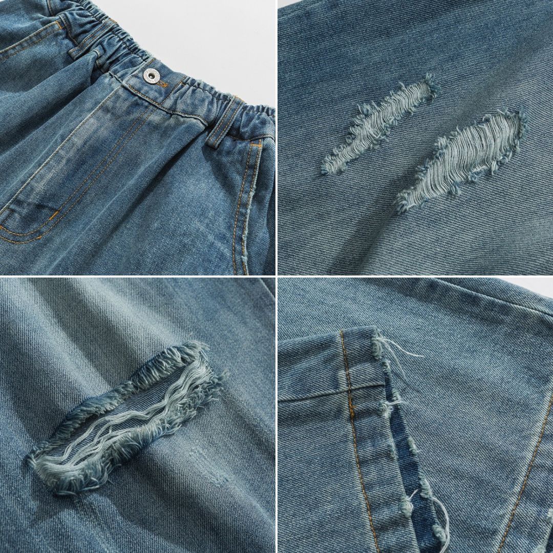 P0146 America style retro washed old knife cut hole jeans men's loose straight pants