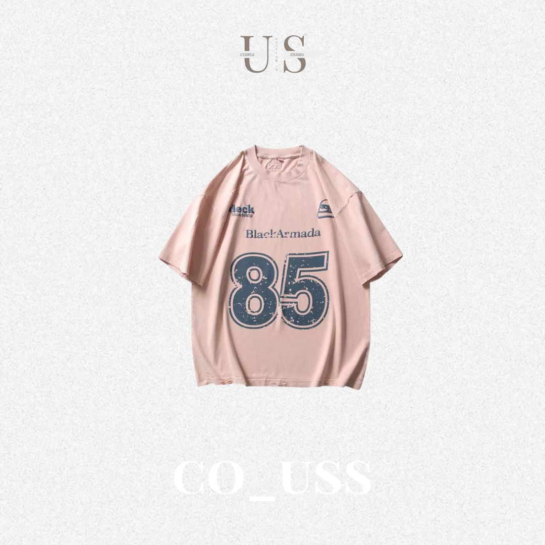 S0407 American retro letter print color-blocked short-sleeved T-shirt