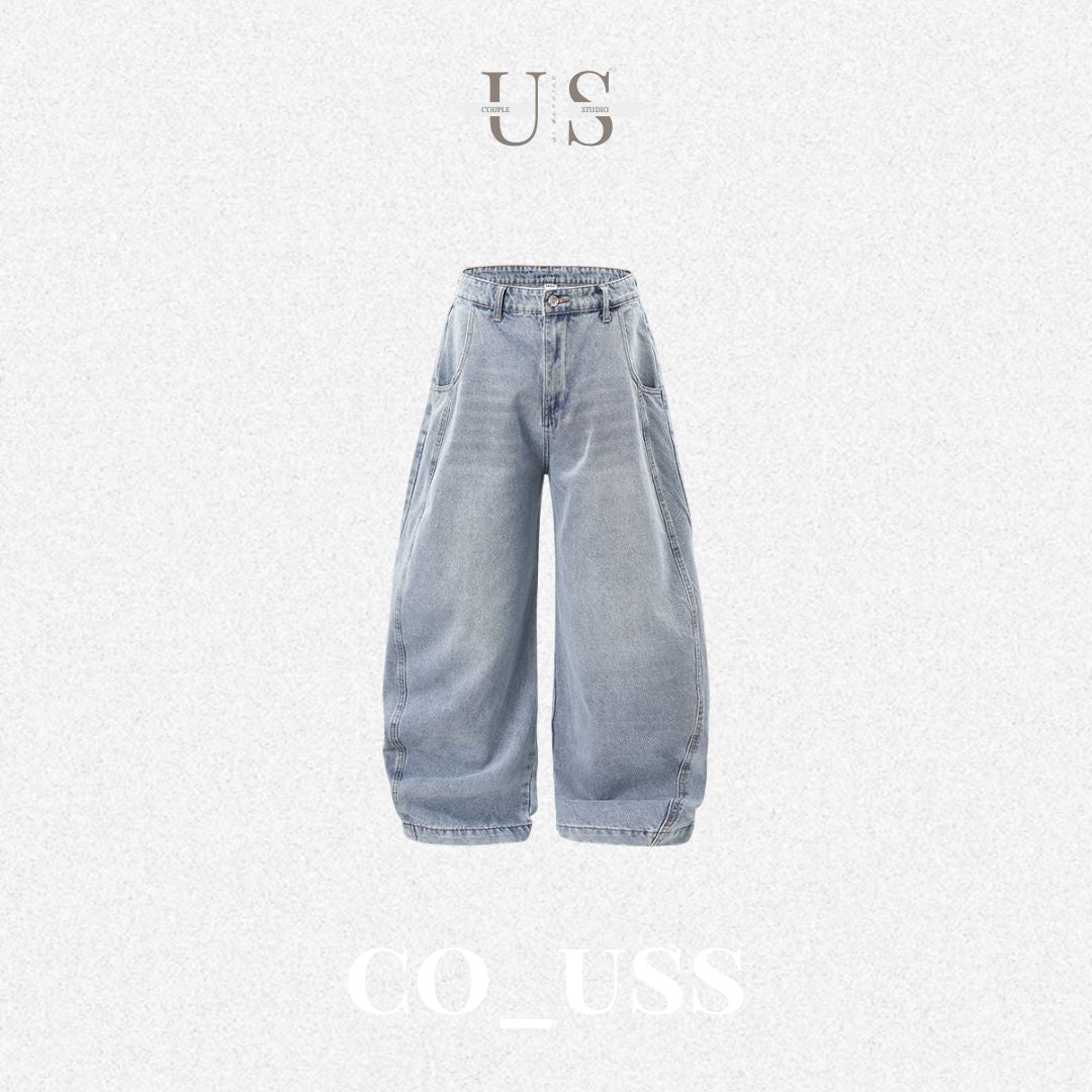 P0177 American street style baggy sickle wide leg outline washed denim scimitar pants