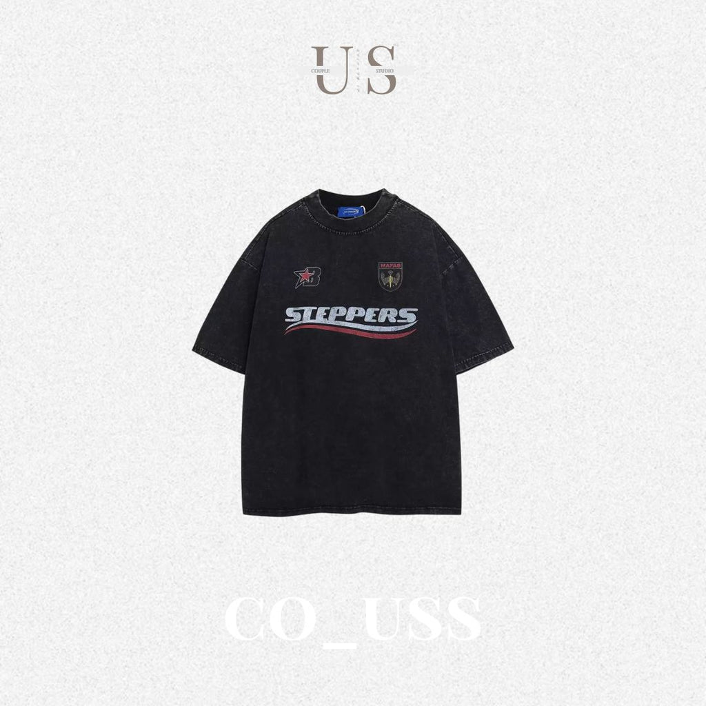 S0405 American Retro Washed Distressed Letter Print Short-Sleeve T-Shirt