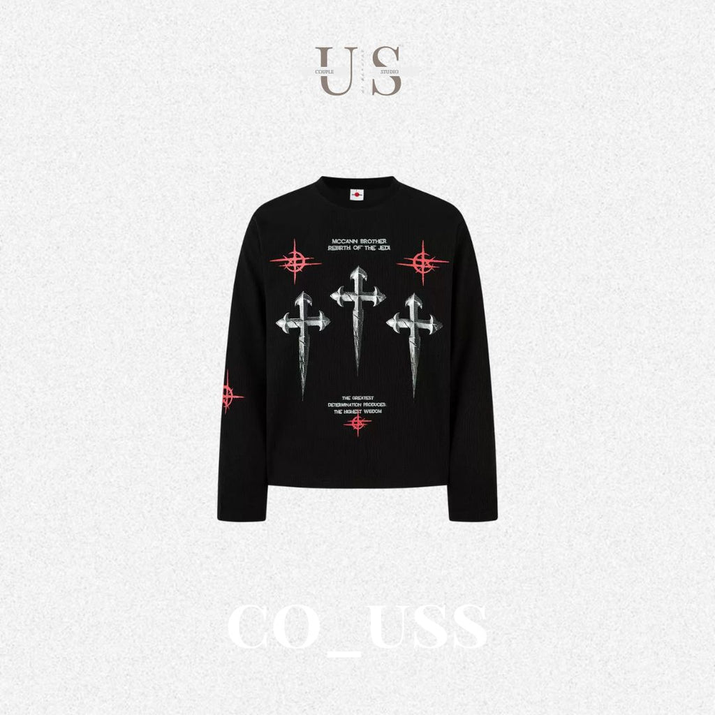 S0380 American Street Hip Hop Trendy Brand Cultural Shirt Dark Cross T-Shirt Long Sleeve