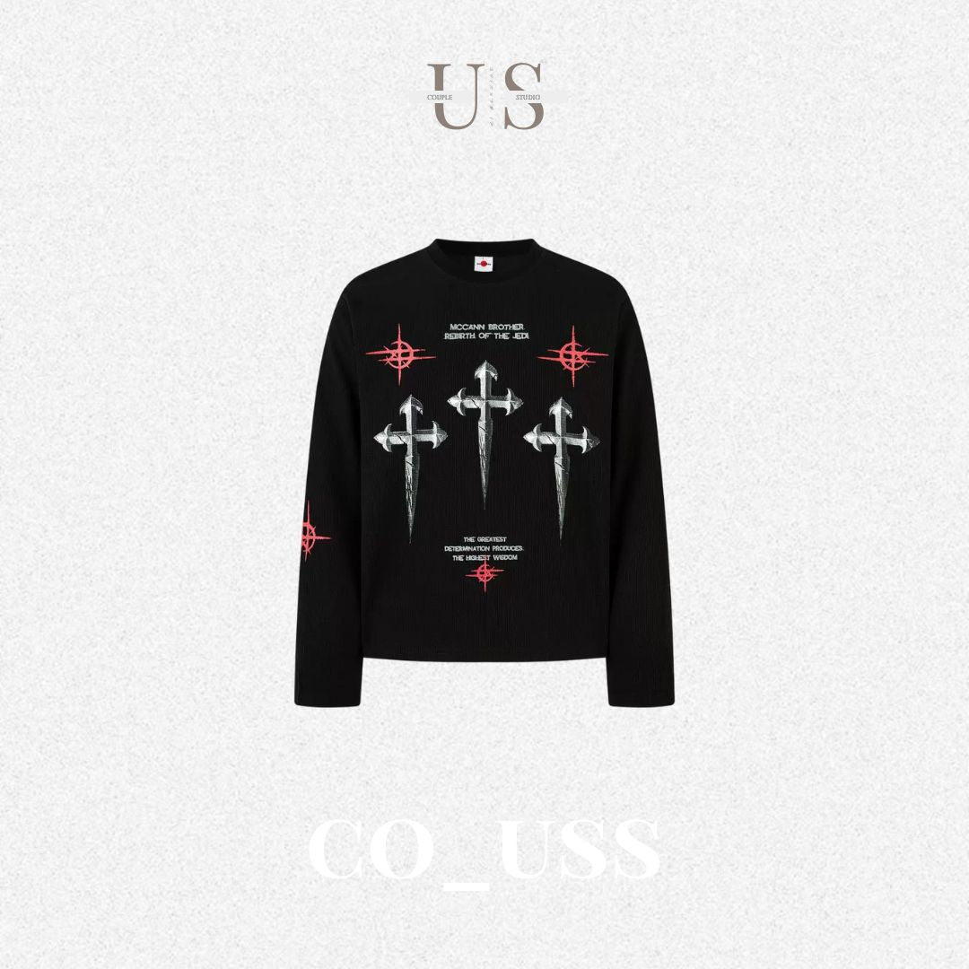 S0380 American Street Hip Hop Trendy Brand Cultural Shirt Dark Cross T-Shirt Long Sleeve