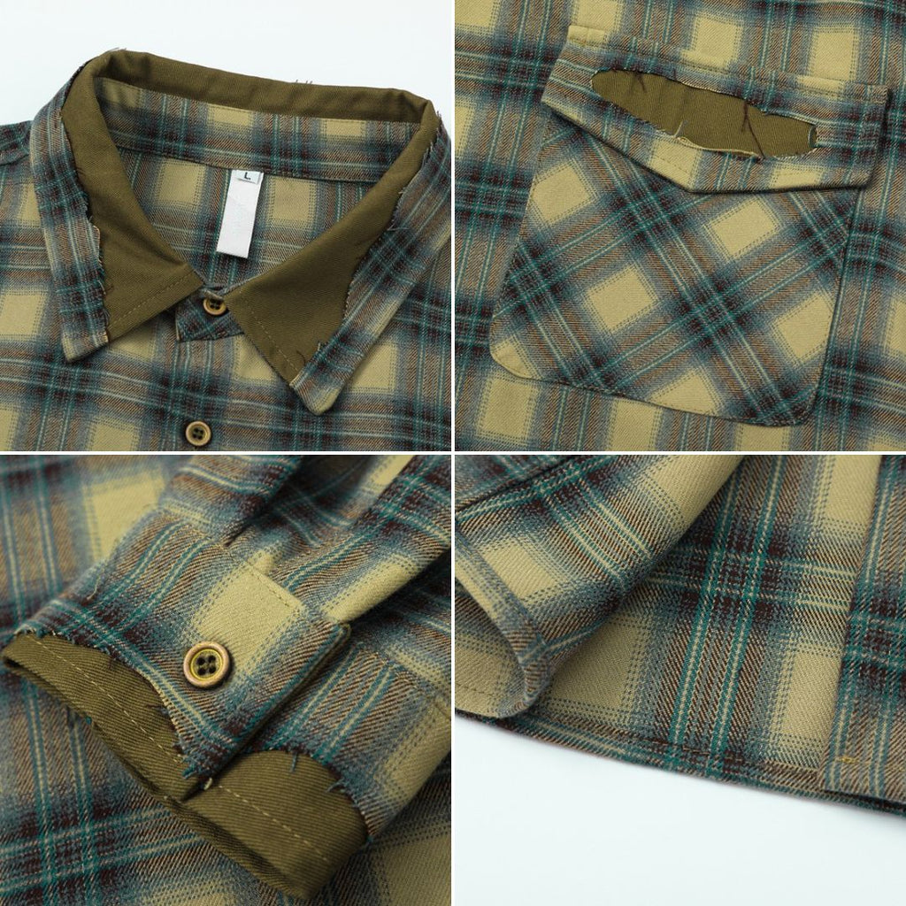 S0248 American trendy casual retro patchwork plaid long-sleeved shirt