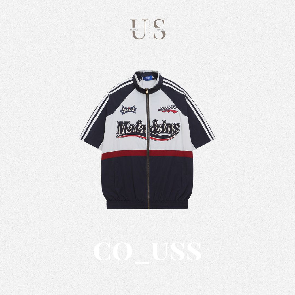 S0348 American Retro Embroidered Racing National Trend Brand Ins Hip-Hop Loose Stand Collar Zipper Short-Sleeve Shirt