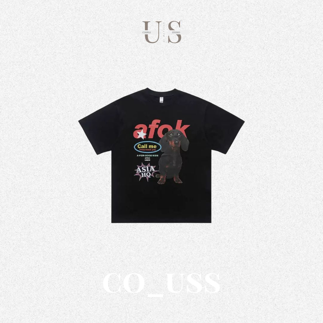 S0425 American streetwear brand, dachshund print oversize couple's T-shirt