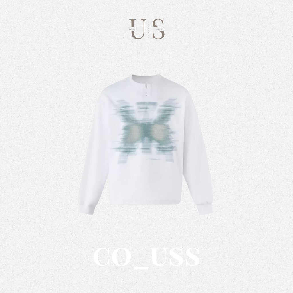 S0486 American-style blurred-print Henley-collar pullover sweatshirt