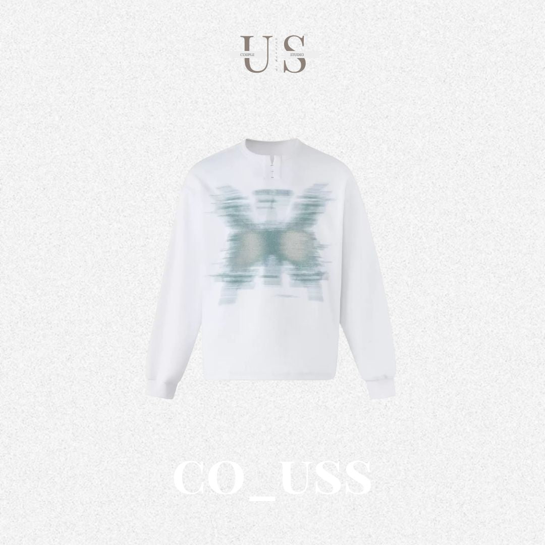 S0486 American-style blurred-print Henley-collar pullover sweatshirt