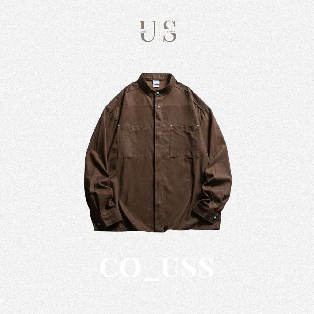 S0372 American Cargo Stand Collar Long Sleeve Shirt Available: Black | Beige | Brown