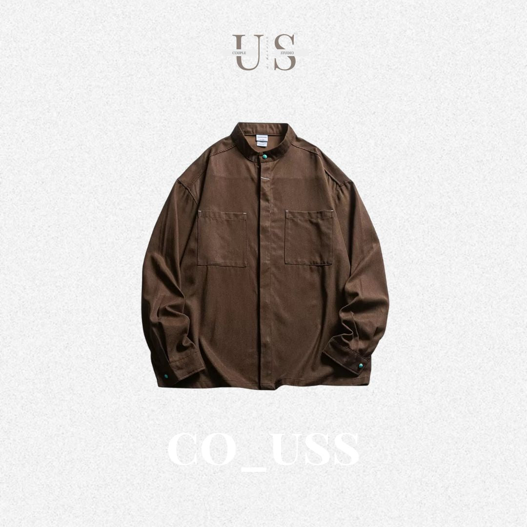 S0372 American Cargo Stand Collar Long Sleeve Shirt Available: Black | Beige | Brown