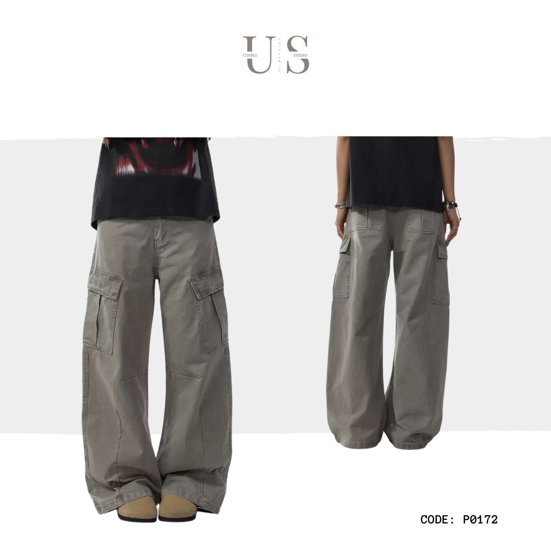 P0172 American Street Retro Deconstructed Scimitar Vibe Loose Straight Wide-Leg Cargo Pants