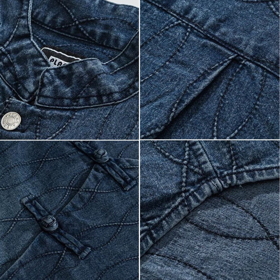 S0220 New Chinese style cloth diagonal button retro disc button stand collar loose denim short-sleeved shirt