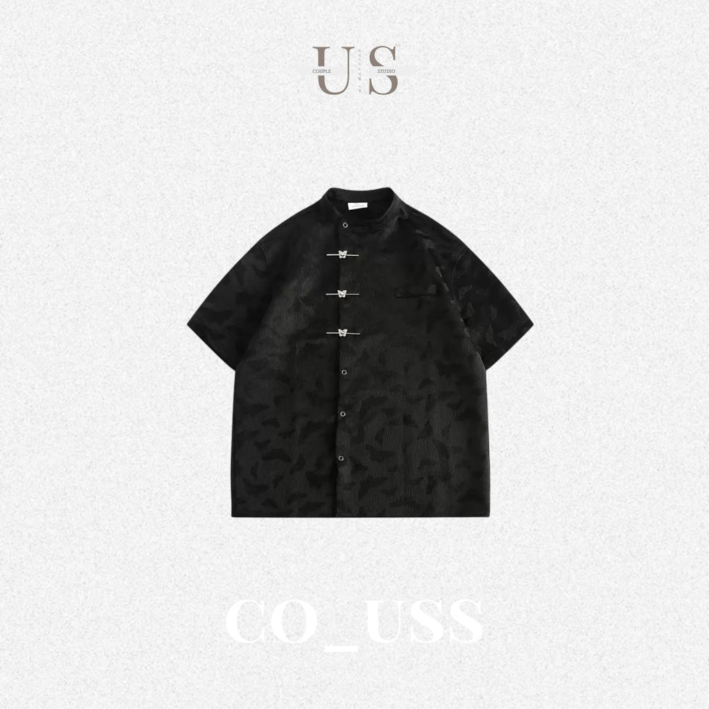 S0406 New Chinese style niche butterfly design loose short-sleeved stand-collar shirt