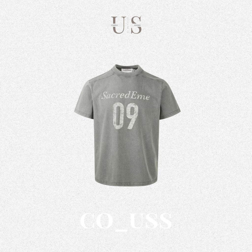 S0435 American Retro Washed Distressed Print Crew Neck Design Oversized Straight Shoulder Boxyfit Short Sleeve T-Shirt