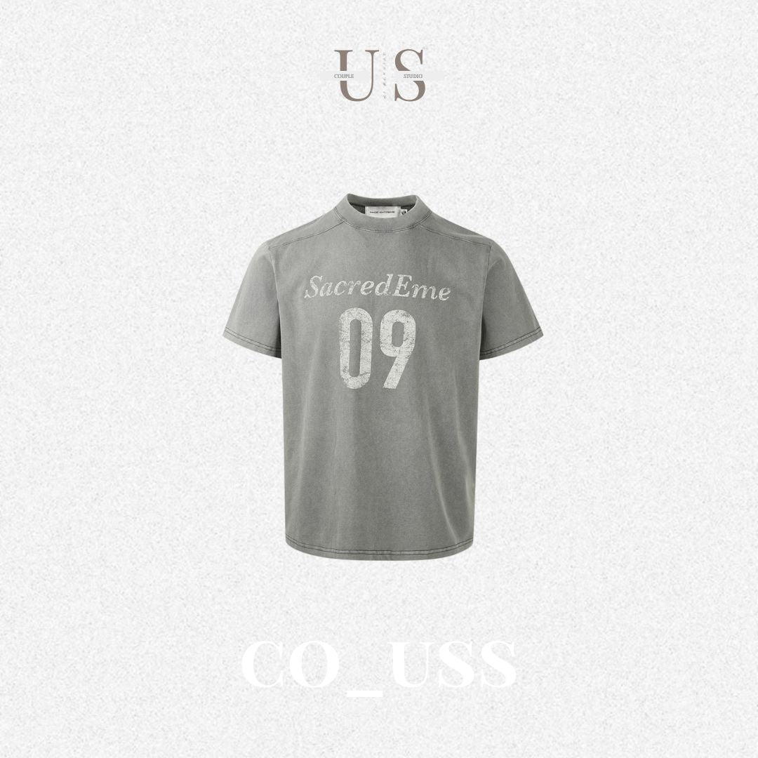 S0435 American Retro Washed Distressed Print Crew Neck Design Oversized Straight Shoulder Boxyfit Short Sleeve T-Shirt