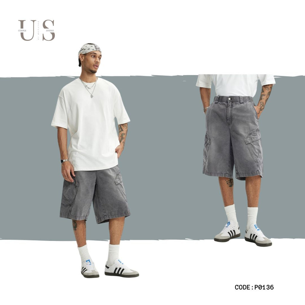 P0136 American style heavy washed overalls trendy multi-pocket loose casual shorts