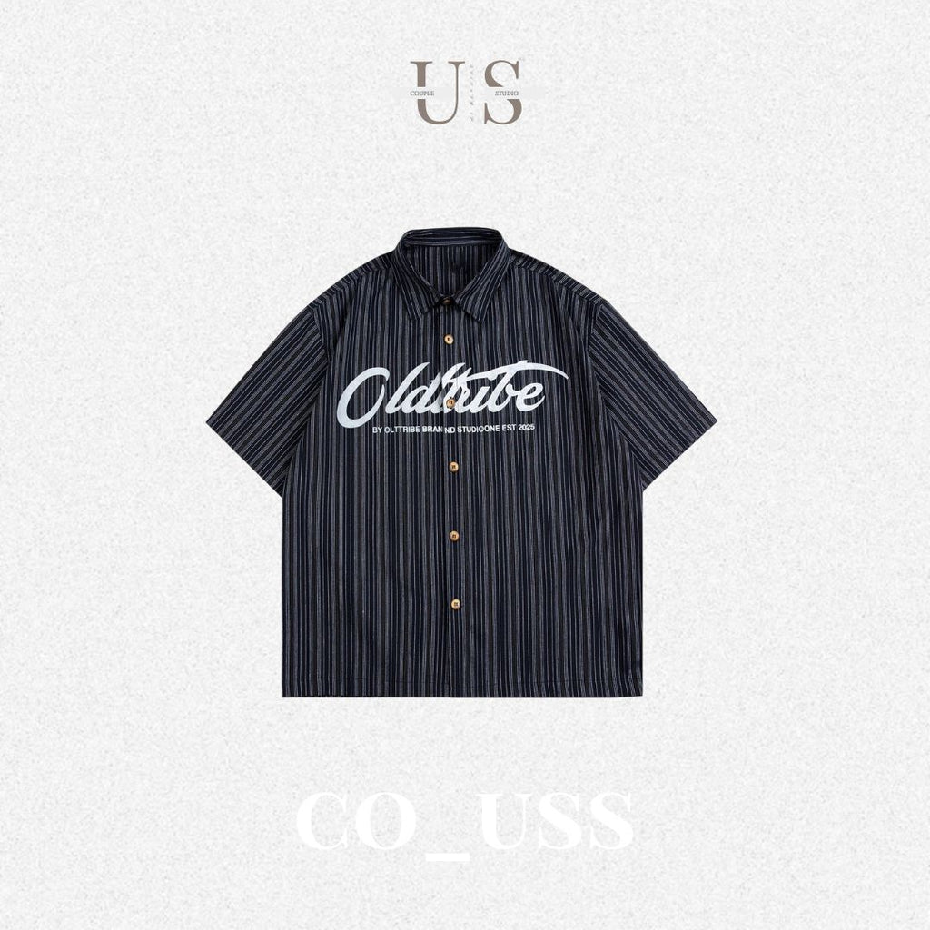 S0310 American retro letter print vertical stripes short-sleeved shirt