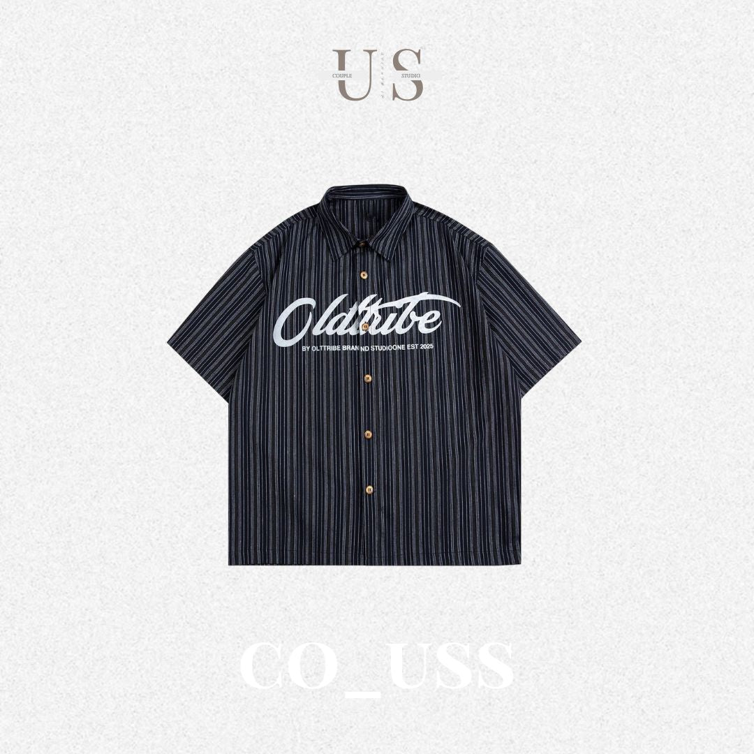 S0310 American retro letter print vertical stripes short-sleeved shirt