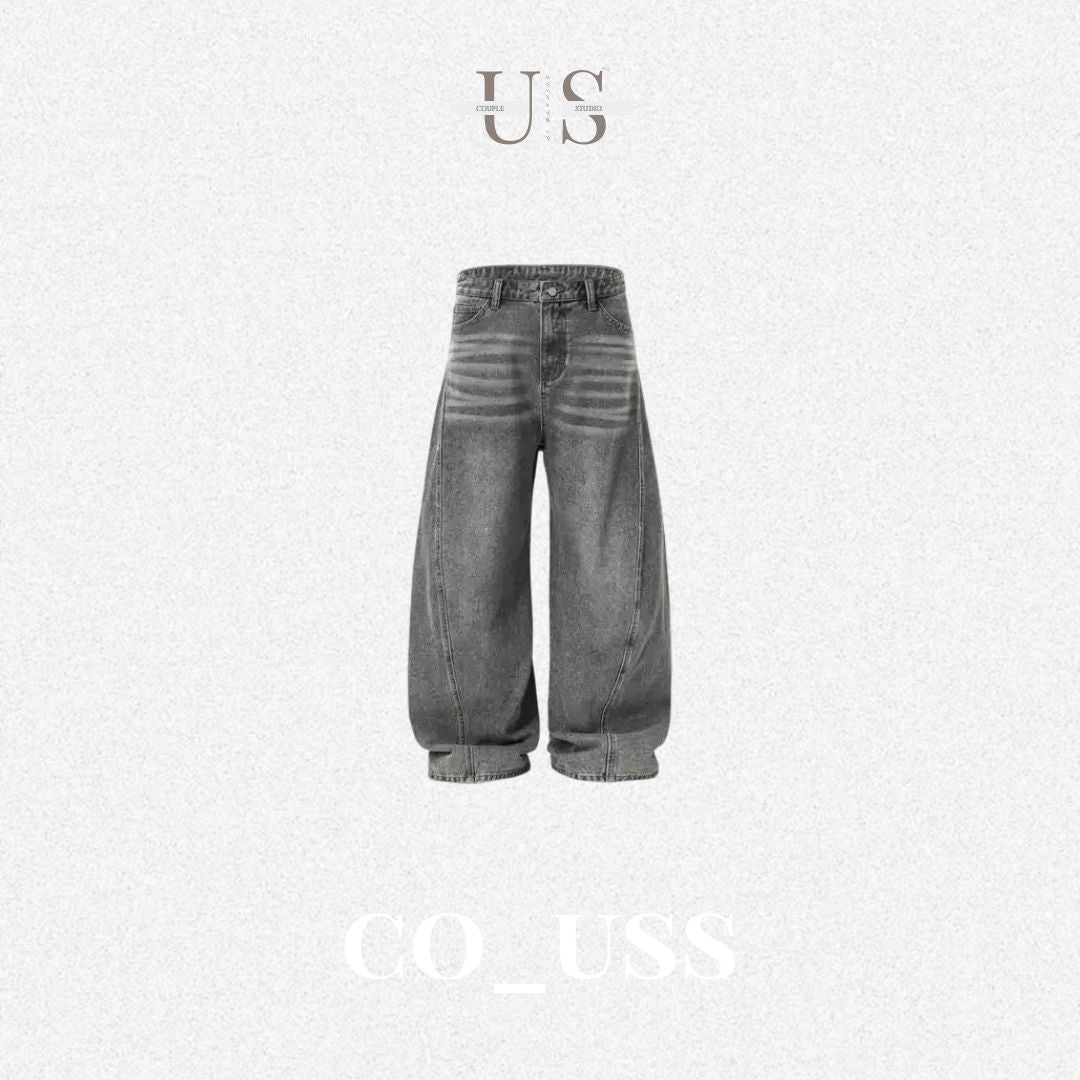 P0242 American Vintage-Style Washed Distressed Curved-Cut Whiskering Jeans