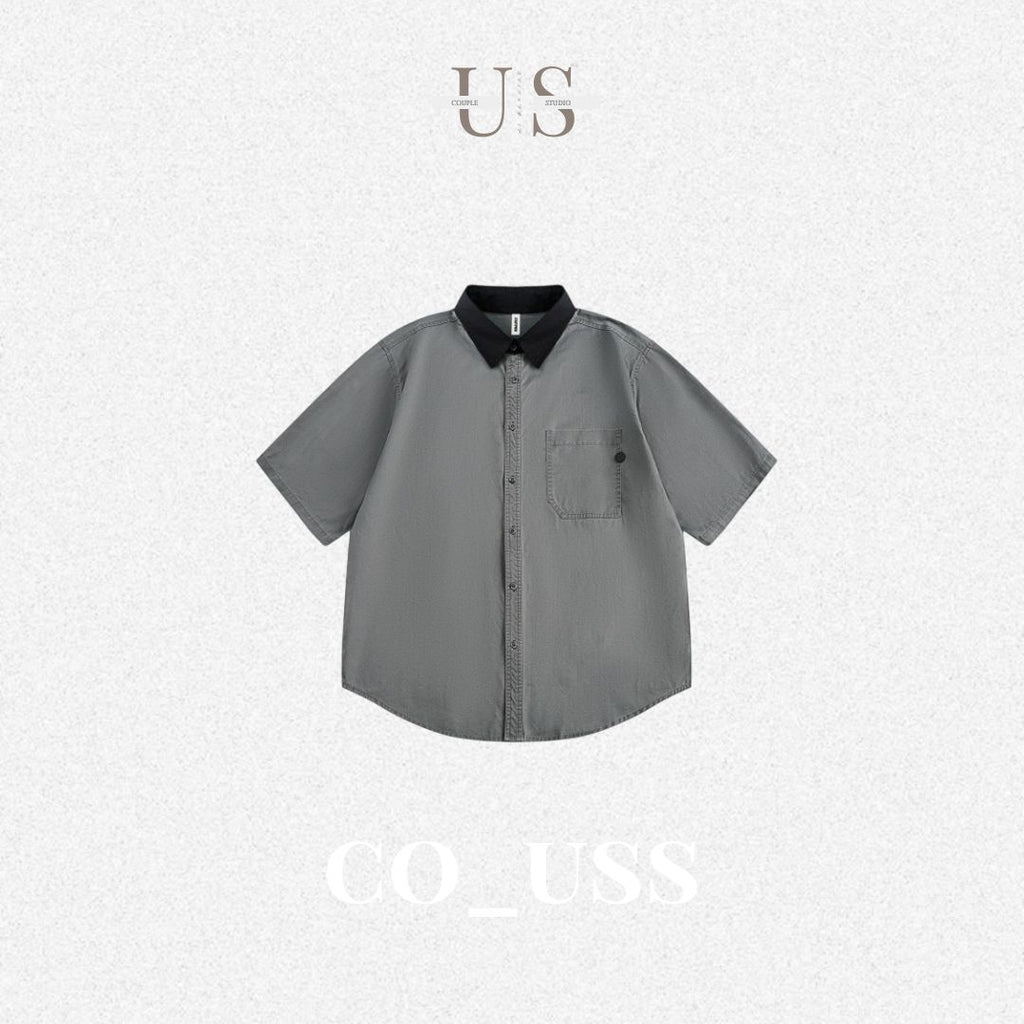 S0318 Japanese Retro Gender-neutral Style Contrast Pocket Lapel Shirt