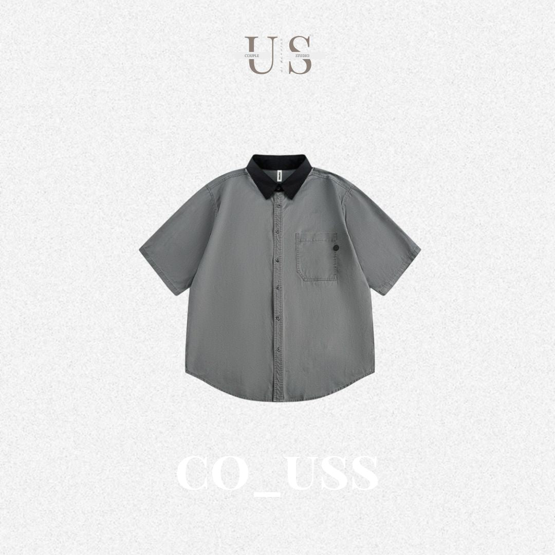 S0318 Japanese Retro Gender-neutral Style Contrast Pocket Lapel Shirt