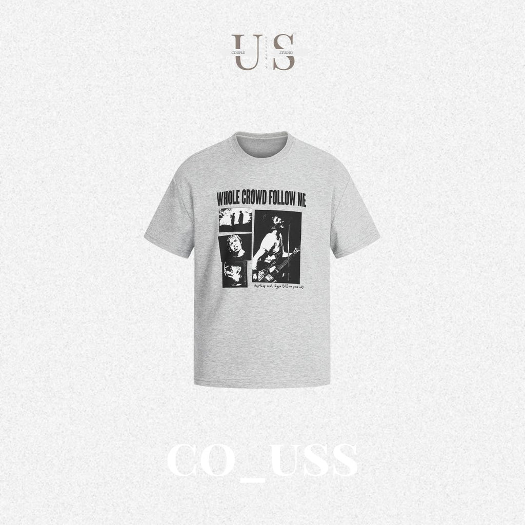 S0457 American Retro Streetwear Design ROCK Print Gray Loose Short-Sleeve T-Shirt