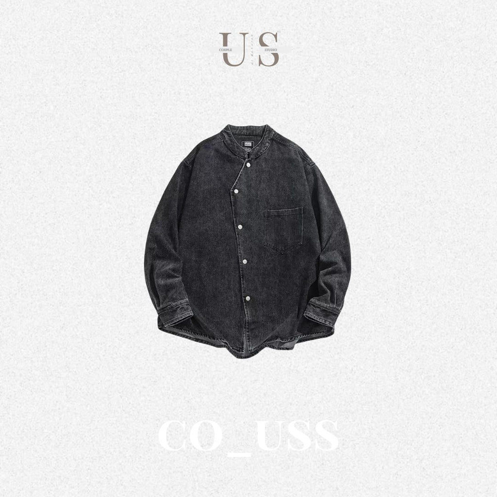 S0394 New Chinese Retro Washed Stand Collar Denim Shirt