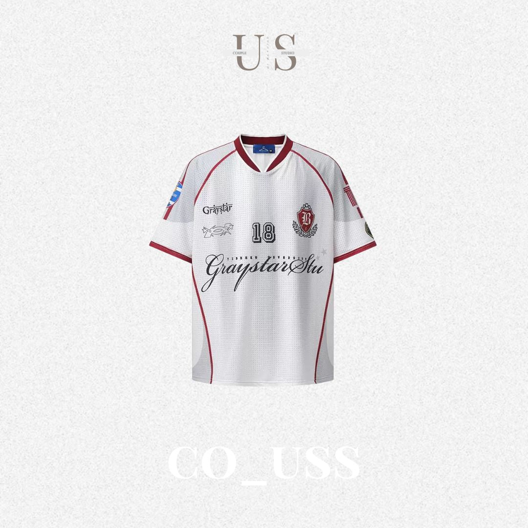 S0481 American-Style Vintage Letter Print Color-Block V-Neck Short-Sleeve T-Shirt Jersey