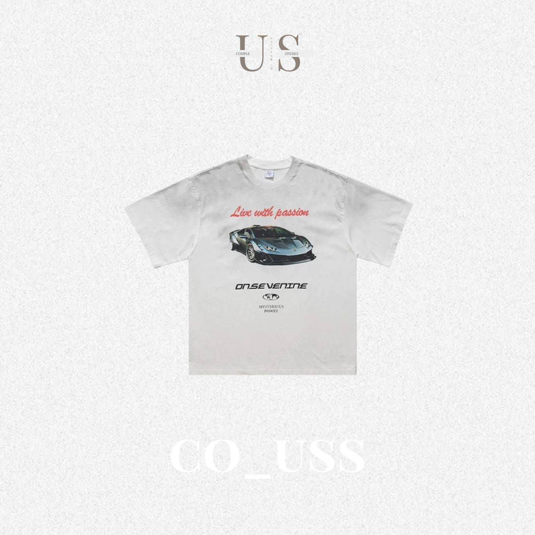 S0363 American Fashion Brand Lamborghini Racing Print Heavy-Duty Distressed Washed T-Shirt