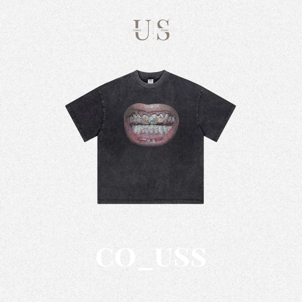 S0377 American style 310G heavyweight pure cotton loose loose trendy distressed print washed grey T-shirt