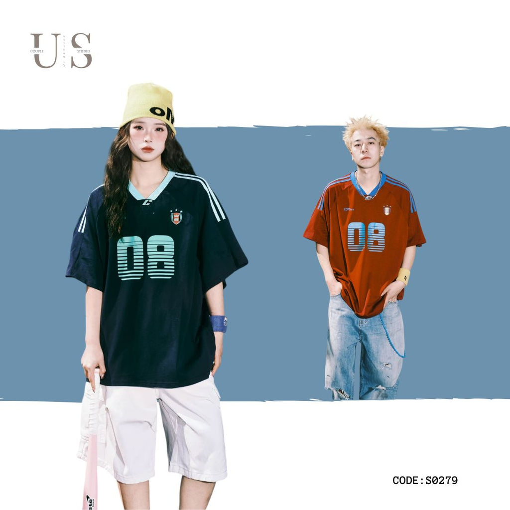 S0279 New American Retro Stripe Raglan Printed Short Sleeve T-shirt