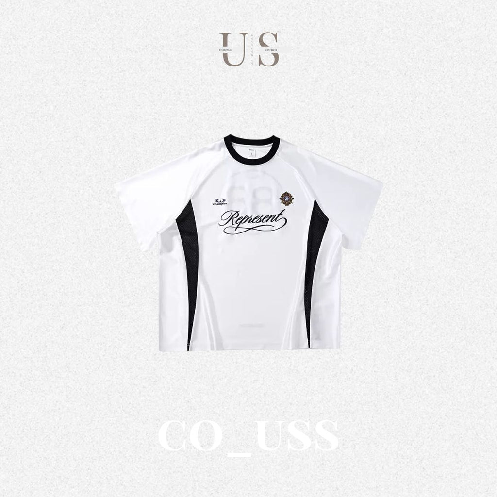 S0455 American-style color-blocked retro sports jersey T-shirt