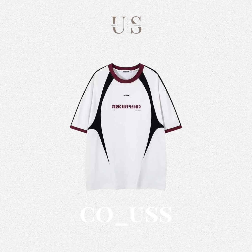 S0395 American retro letter print color-blocked short-sleeved T-shirt