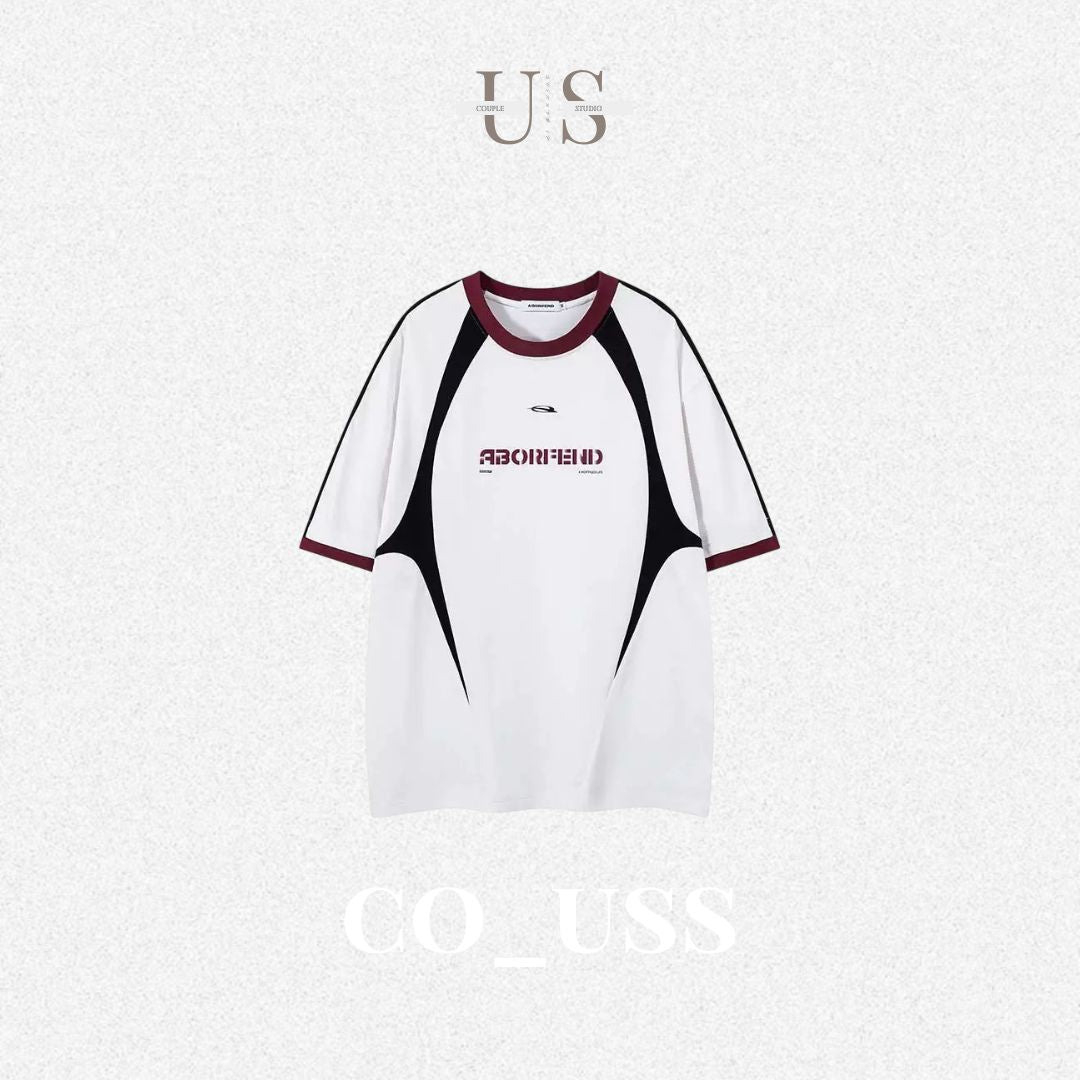 S0395 American retro letter print color-blocked short-sleeved T-shirt