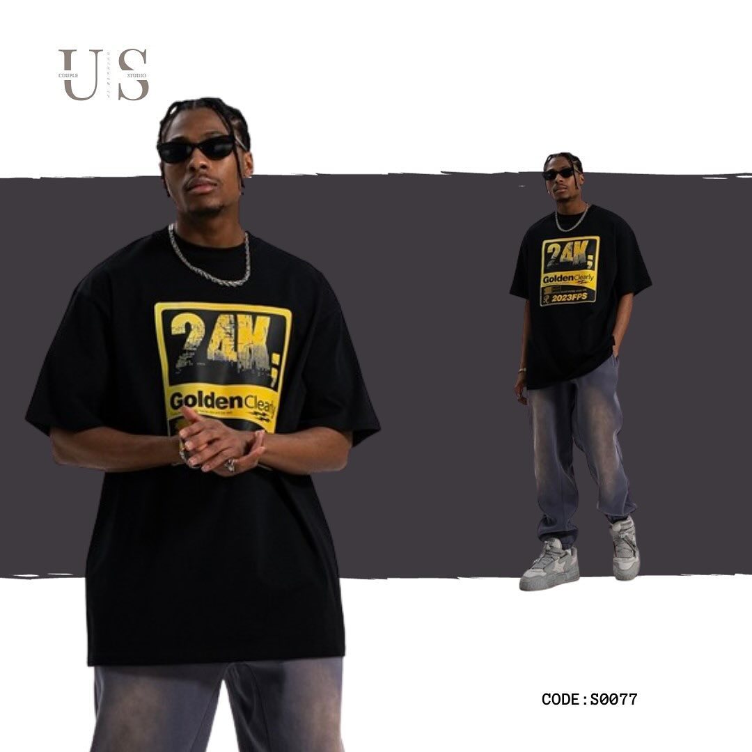 S0077 American Retro Gold Retro Print Double Yarn Heavy Drop Shoulder Loose T-Shirt