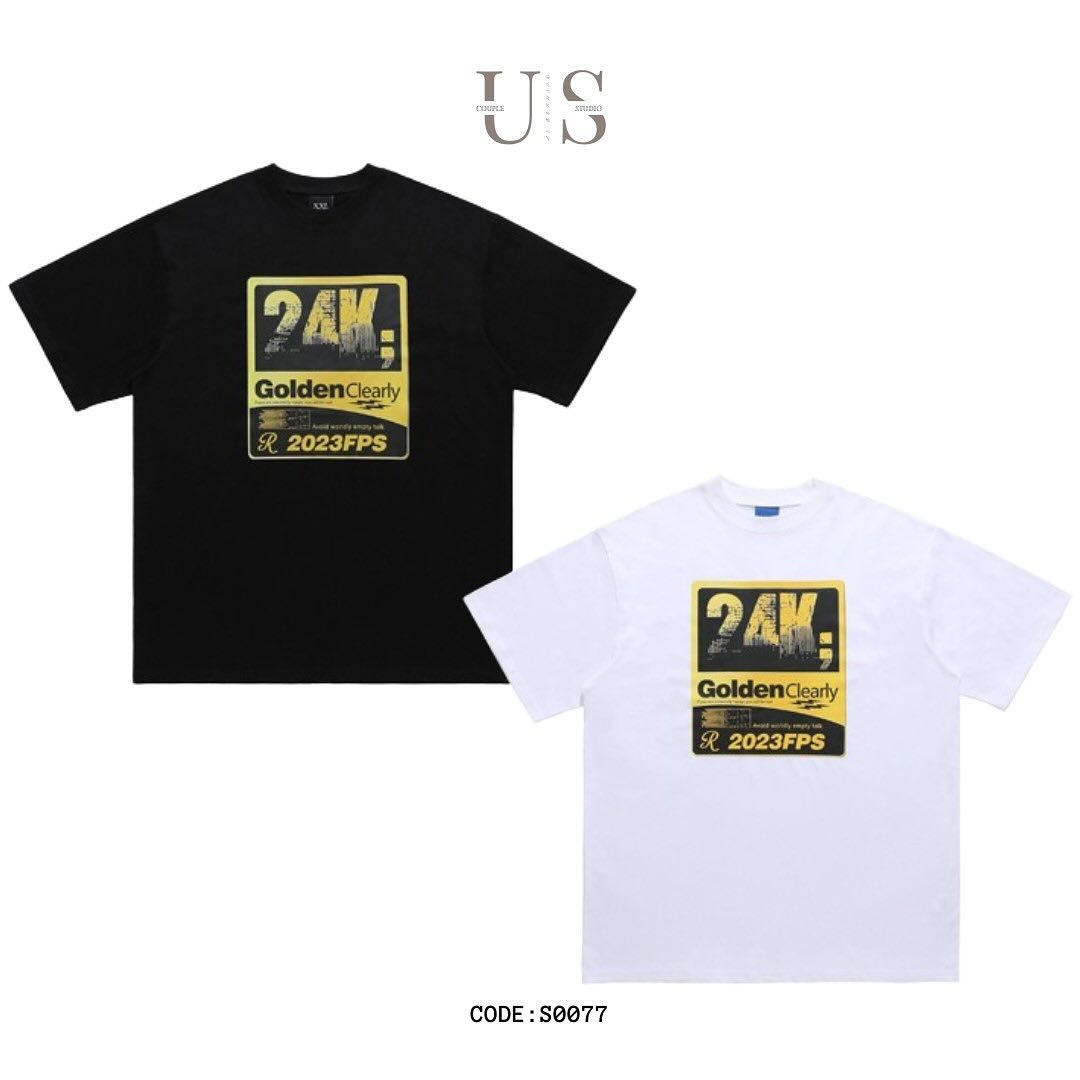 S0077 American Retro Gold Retro Print Double Yarn Heavy Drop Shoulder Loose T-Shirt